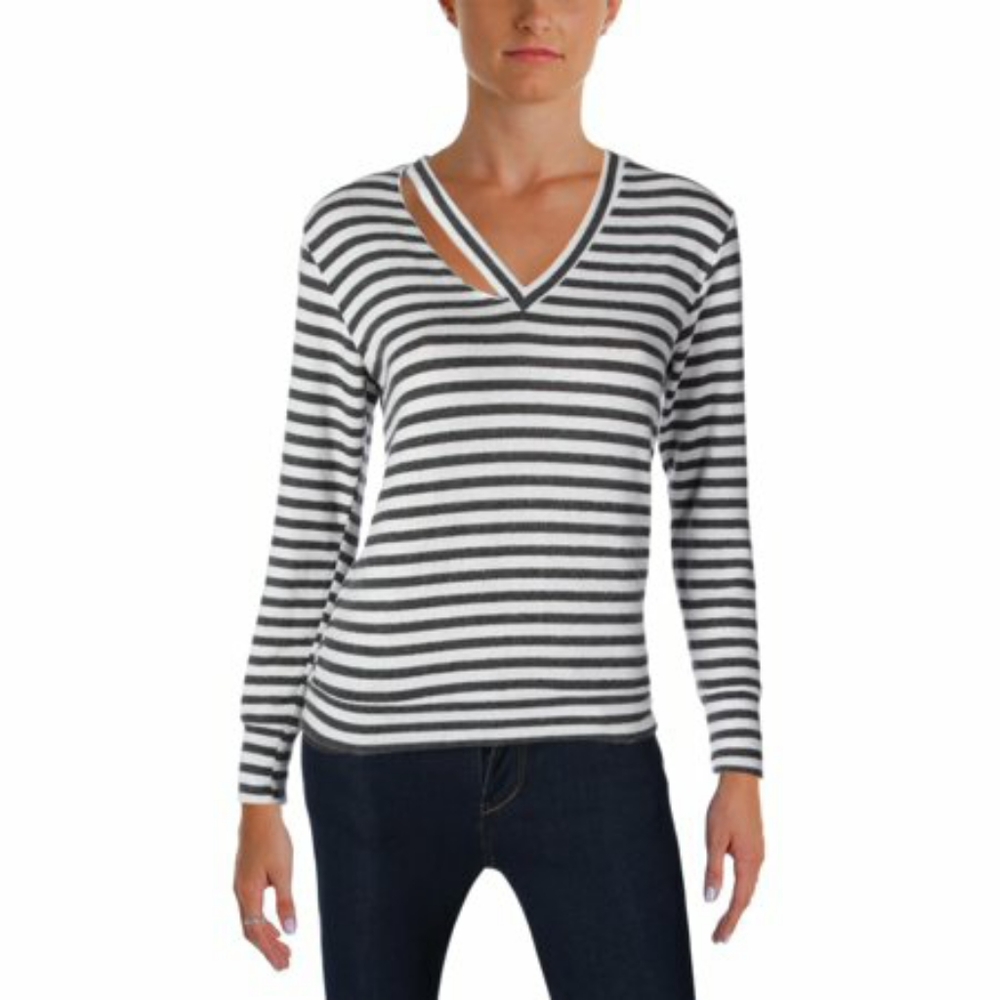 Lna Fallon Striped Cut Out V-Neck Sweater Top